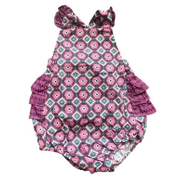 RicRac & Ruffles Other - Ricrac &Ruffles Girls 12m Purple Pink Geometric Summer Bubble Romper Ruffle